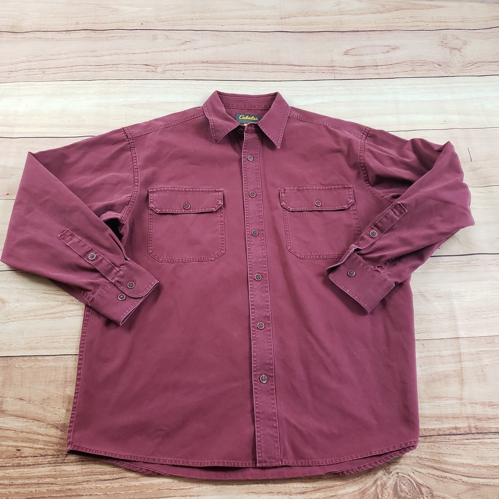 Cabelas Shirt Mens Large RedOutdoor Button Up Work Wear Heavyweight Cotton Adult